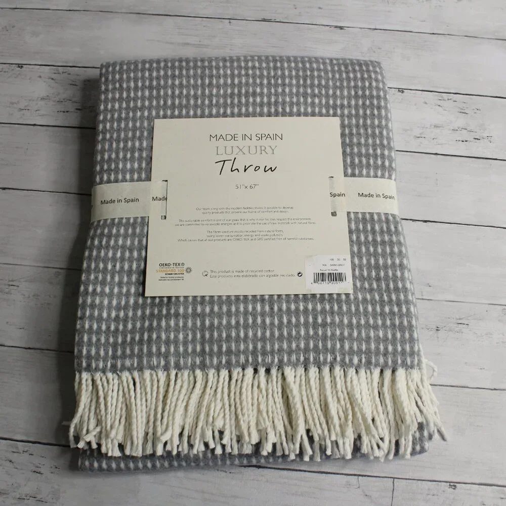 Made in Spain Throw Blanket Gray Cream with Fringe Cotton Blend